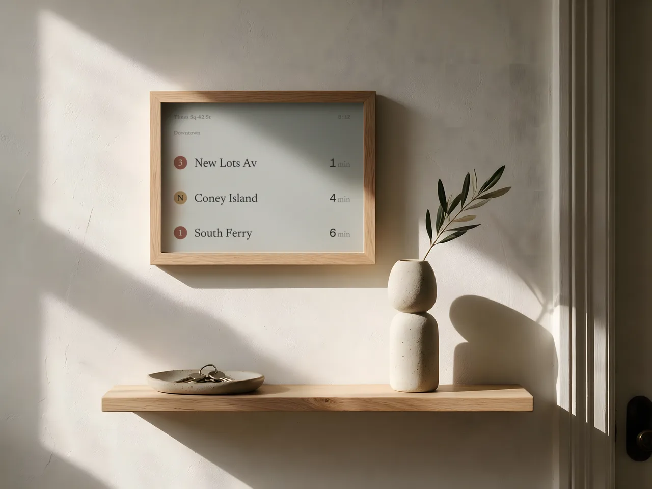 The Calm Commuter on the wall by a front door, above a shelf with the keys, in morning light, in white oak